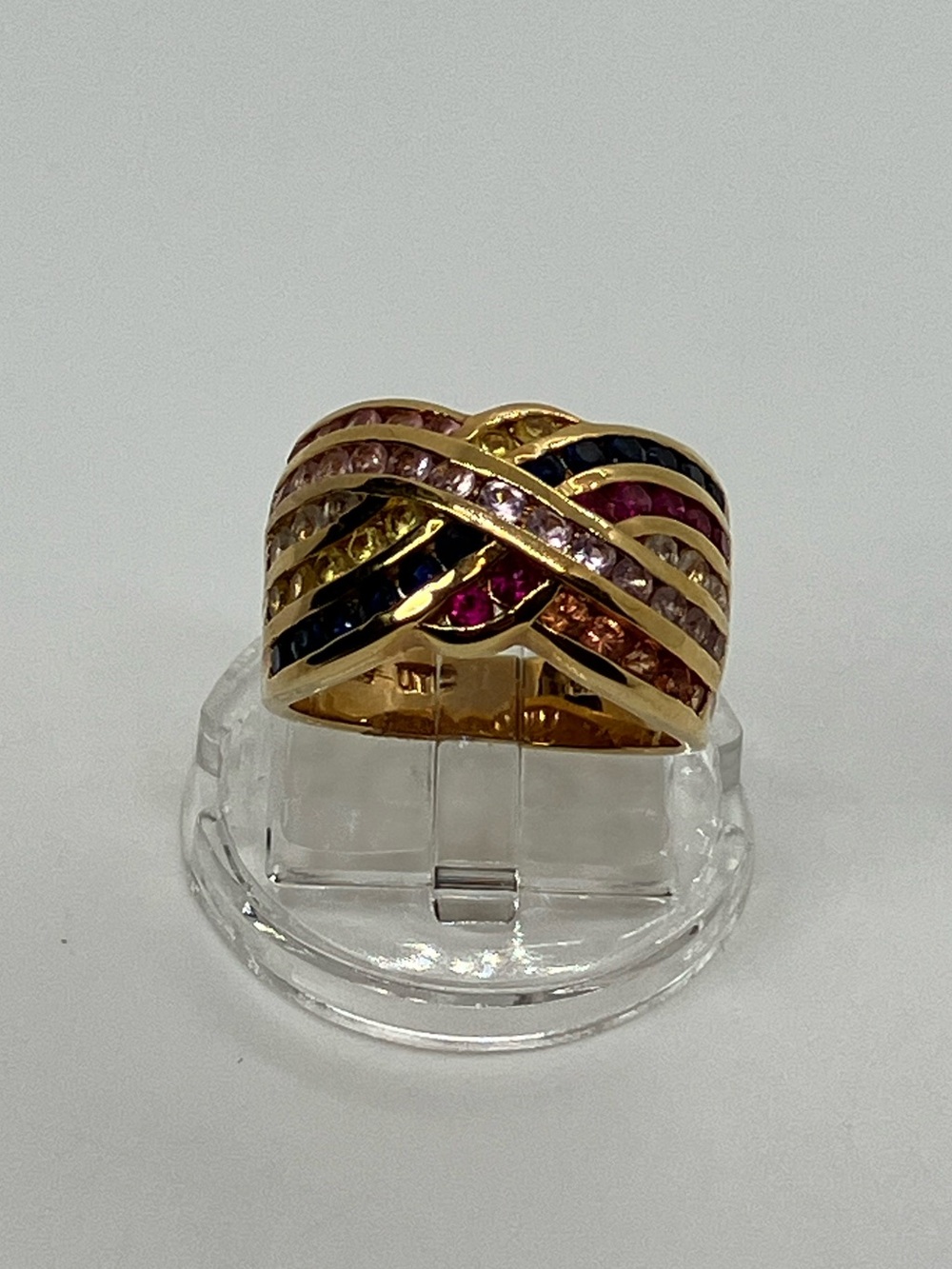 Vtg UTC 925 Vermeil Rainbow Gemstone Crossover Band Ring Sz 6.75